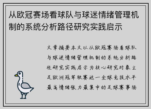 从欧冠赛场看球队与球迷情绪管理机制的系统分析路径研究实践启示
